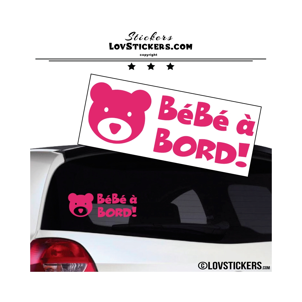 Stickers bébé à bord rose fushia avec tête d'ours