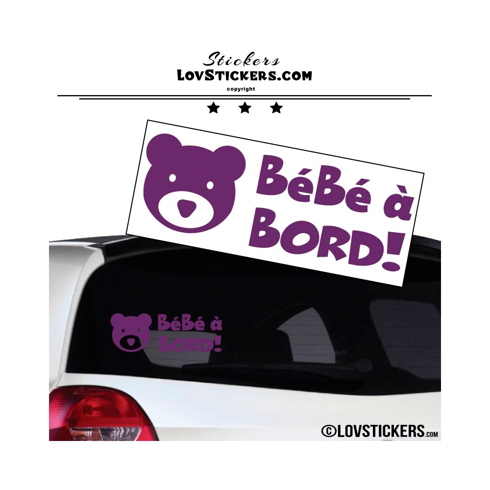 Stickers bébé à bord violet avec tête d'ours