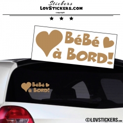 Sticker Bébé à Bord marron clair avec Coeurs! - Securité enfant voiture