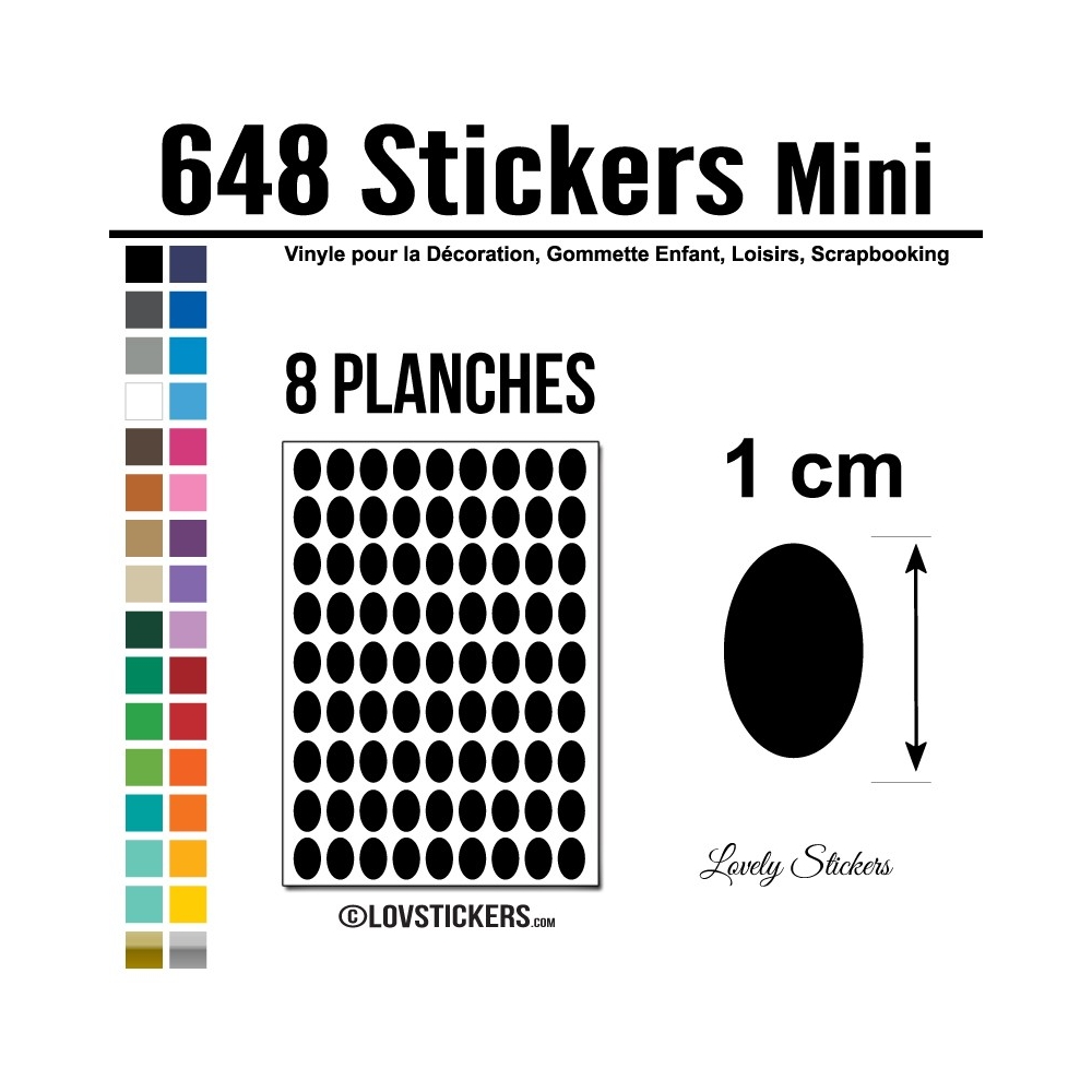 648 Stickers Ovale 1cm - Décoration Gommette Loisirs - Vinyle Repositionnable