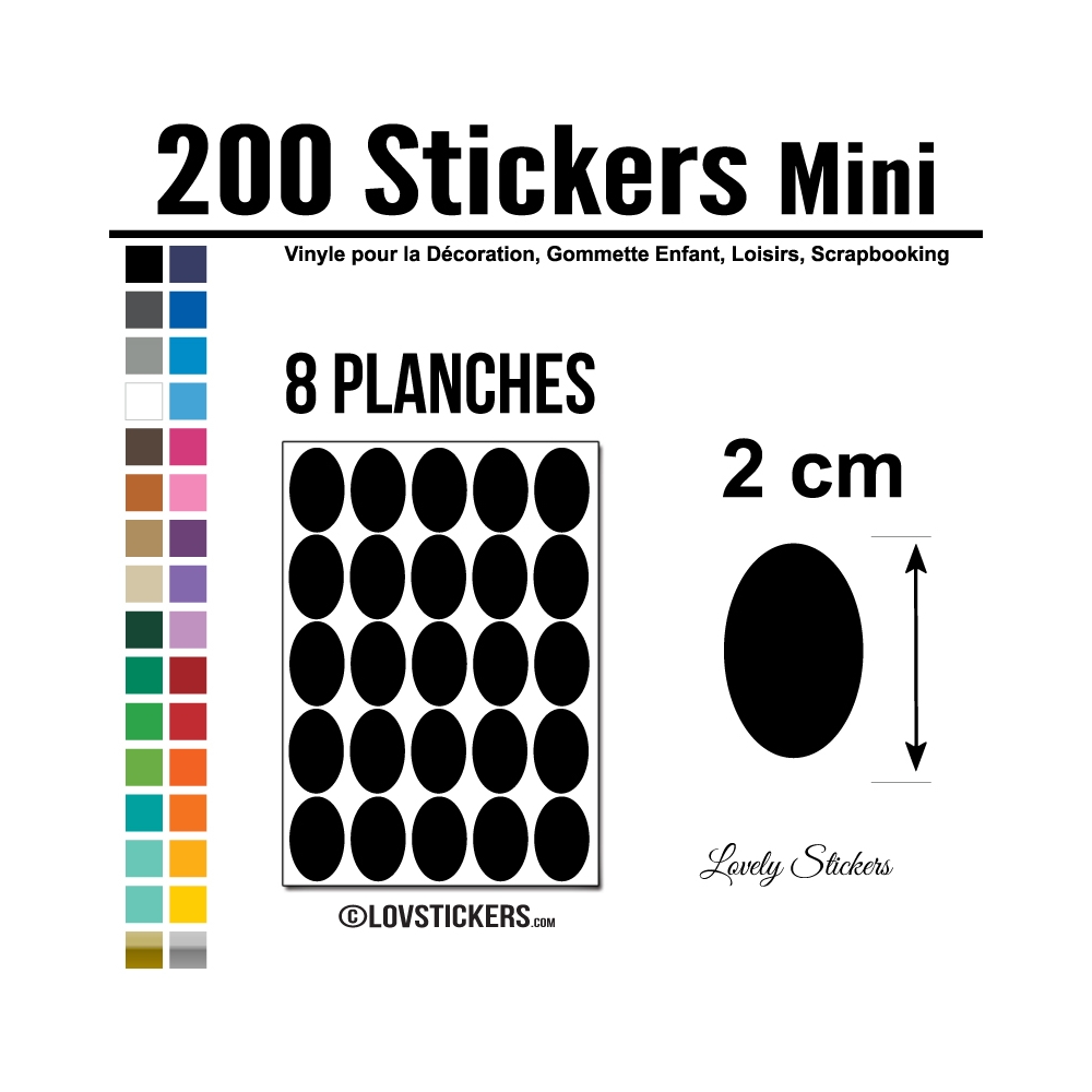 200 Stickers Ovale 2cm - Décoration Gommette Loisirs - Vinyle Repositionnable