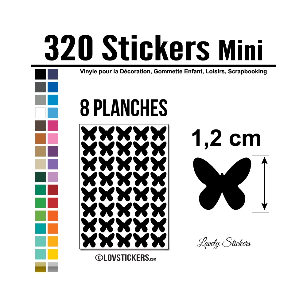 320 Stickers Papillon 1,2cm - Décoration Gommette Loisirs - Vinyle Repositionnable