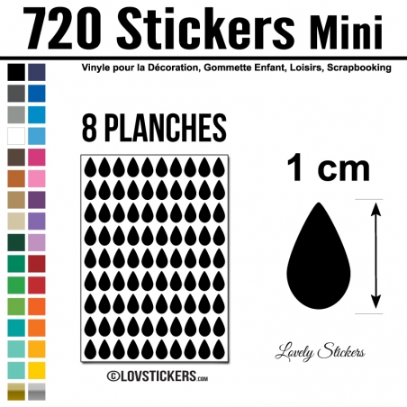 720 Stickers Goutte d'eau 1cm - Décoration Gommette Loisirs - Vinyle Repositionnable