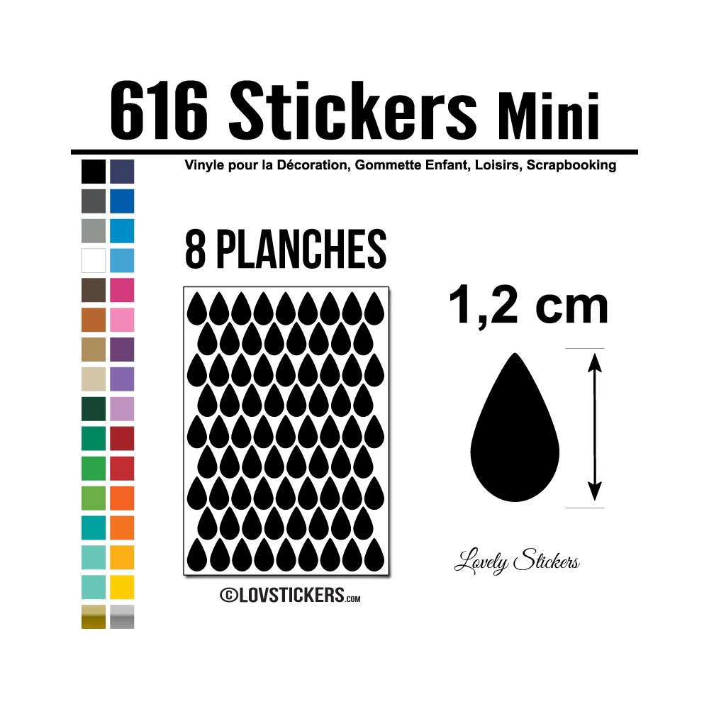 616 Stickers Goutte d'eau 1,2cm - Décoration Gommette Loisirs - Vinyle Repositionnable