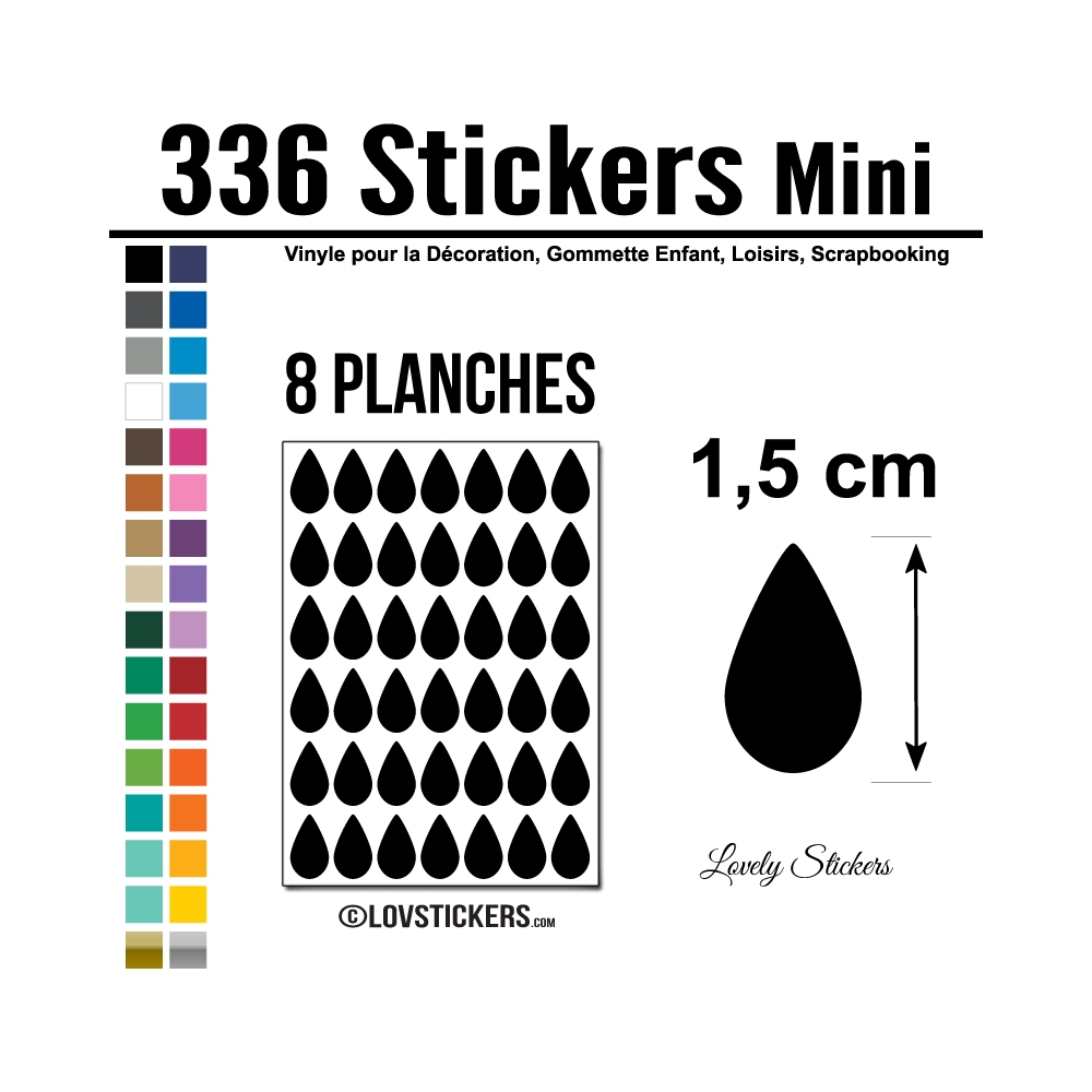 336 Stickers Goutte d'eau 1,5cm - Décoration Gommette Loisirs - Vinyle Repositionnable