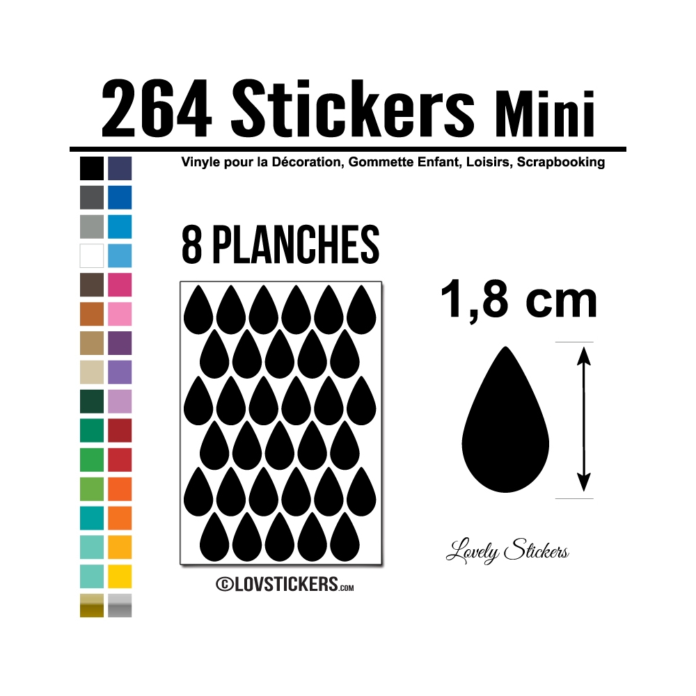 264 Stickers Goutte d'eau 1,8cm - Décoration Gommette Loisirs - Vinyle Repositionnable