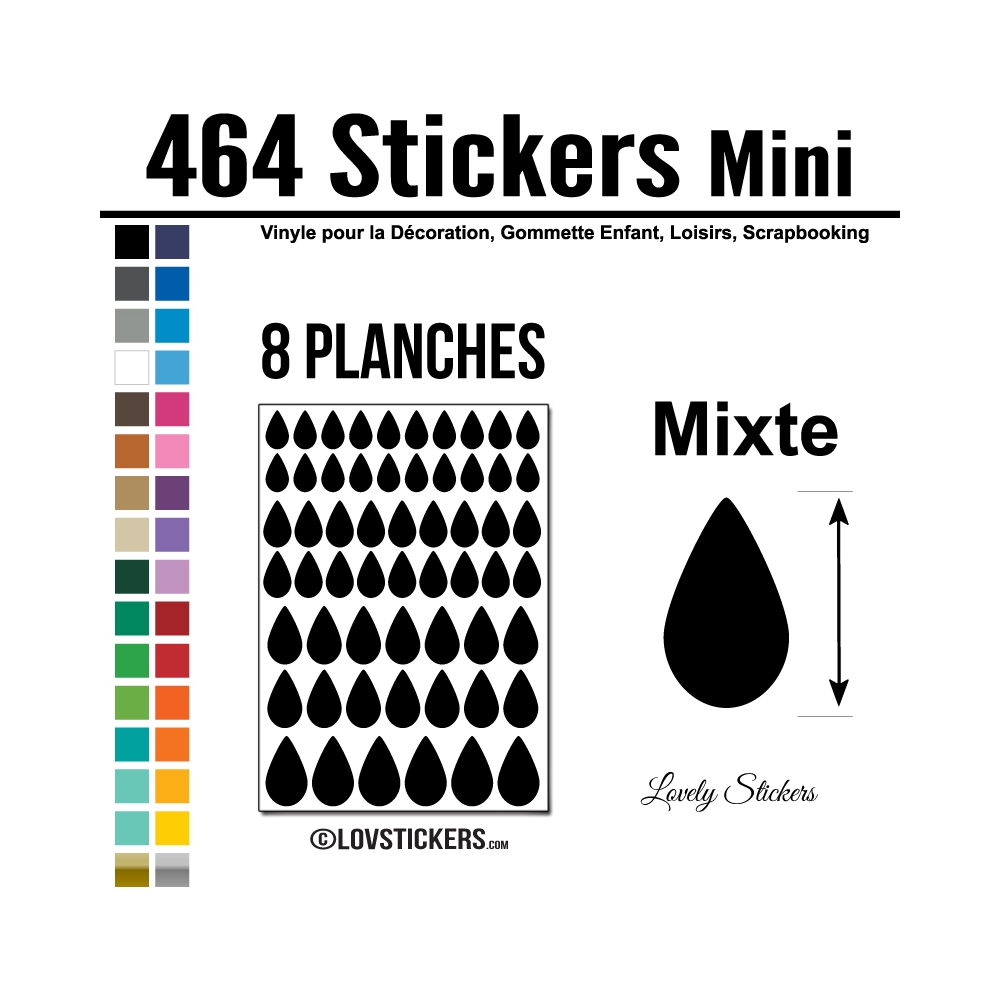 464 Stickers Goutte d'eau mixte - Décoration Gommette Loisirs - Vinyle Repositionnable