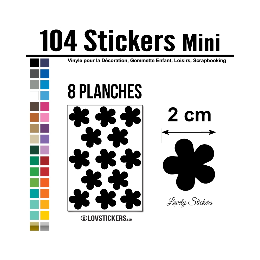 104 Stickers Fleur 2 cm - Décoration Gommette Loisirs - Vinyle Repositionnable