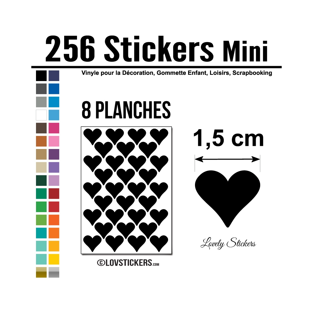 256 Stickers Coeur 1,5cm - Décoration Gommette Loisirs - Vinyle Repositionnable