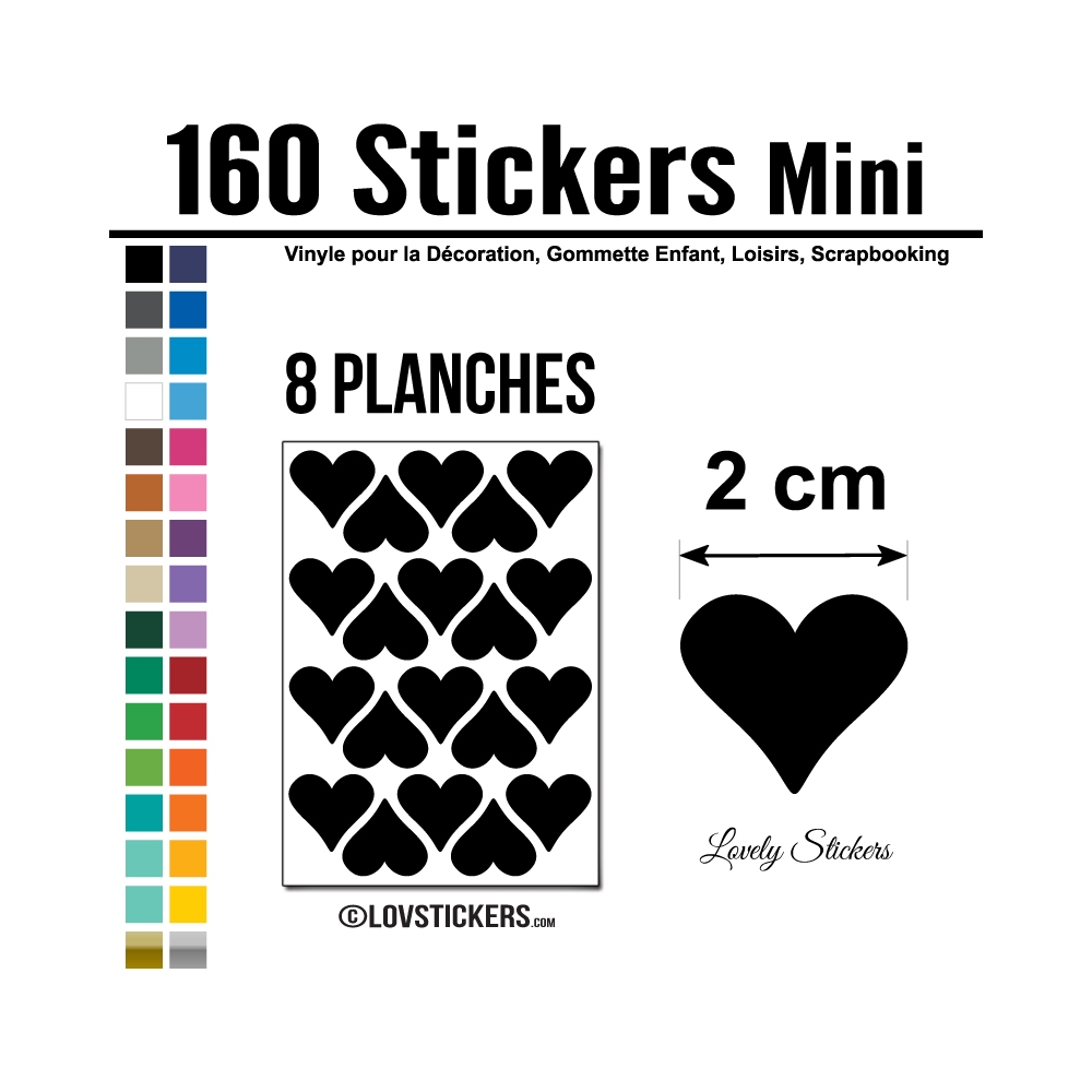 160 Stickers Coeur 2cm - Décoration Gommette Loisirs - Vinyle Repositionnable