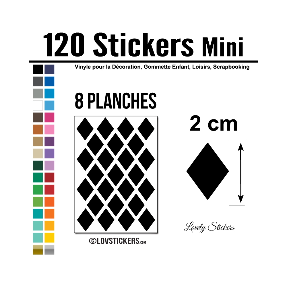 120 Stickers Losange 2 cm - Décoration Gommette Loisirs - Vinyle Repositionnable