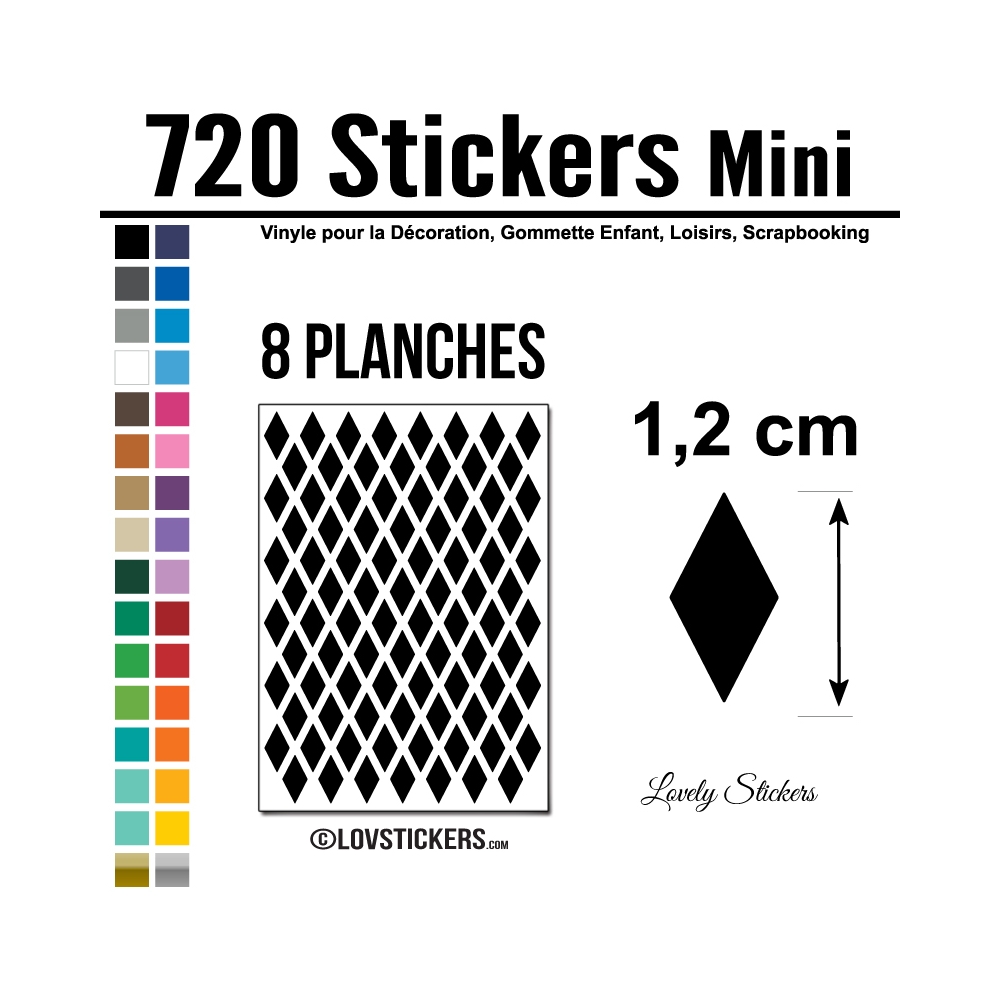 720 Stickers Losange 1,2cm - Décoration Gommette Loisirs - Vinyle Repositionnable