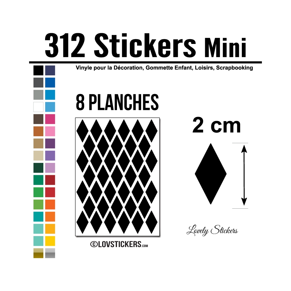 312 Stickers Losange 2 cm - Décoration Gommette Loisirs - Vinyle Repositionnable