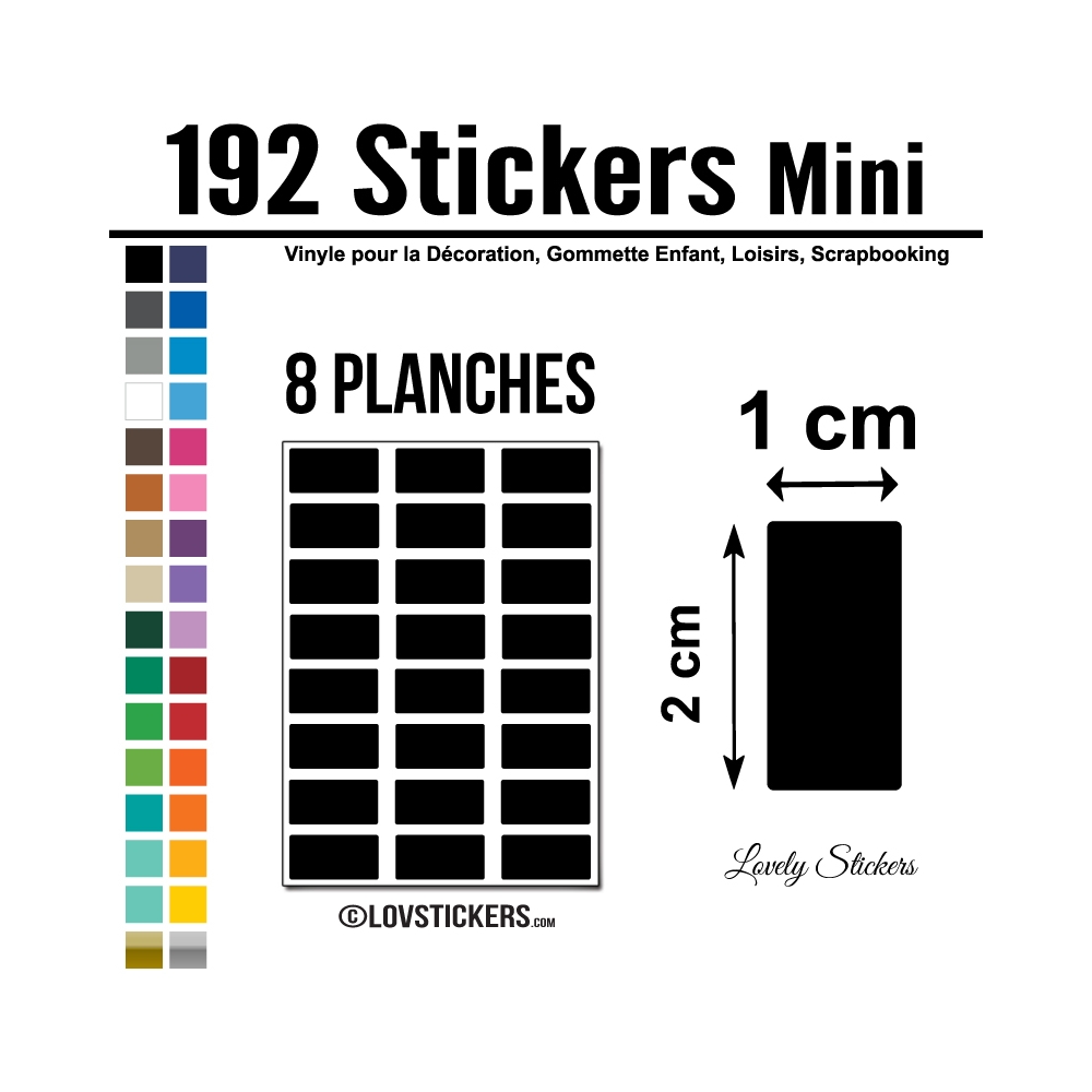 192 Stickers Rectangle 1 cm - Décoration Gommette Loisirs - Vinyle Repositionnable