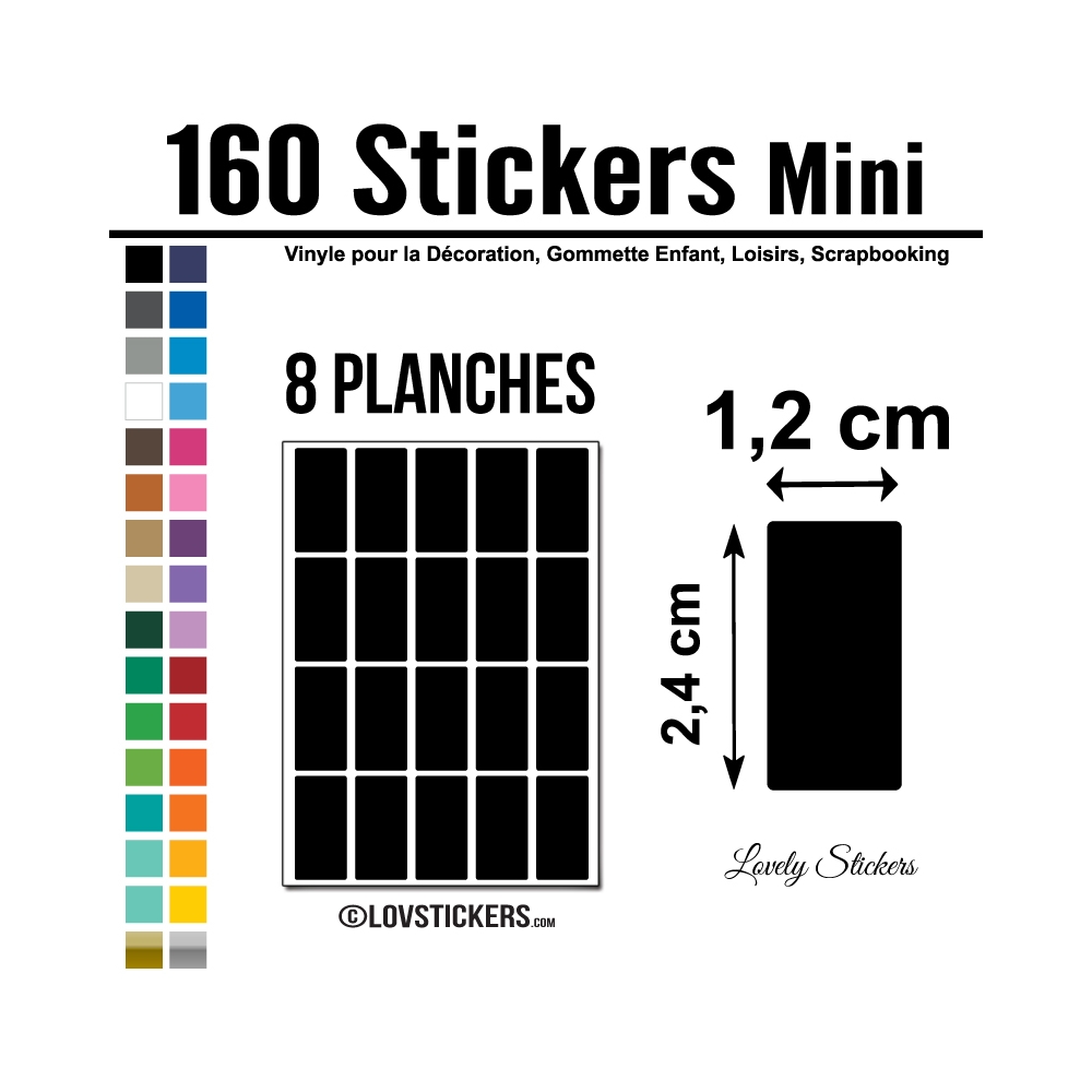 160 Stickers Rectangle 1,2 cm - Décoration Gommette Loisirs - Vinyle Repositionnable