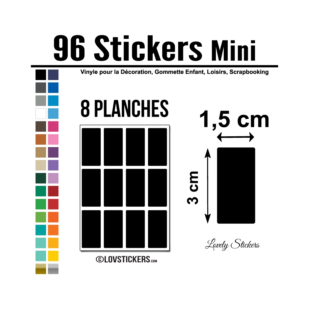 96 Stickers Rectangle 1,5 cm - Décoration Gommette Loisirs - Vinyle Repositionnable