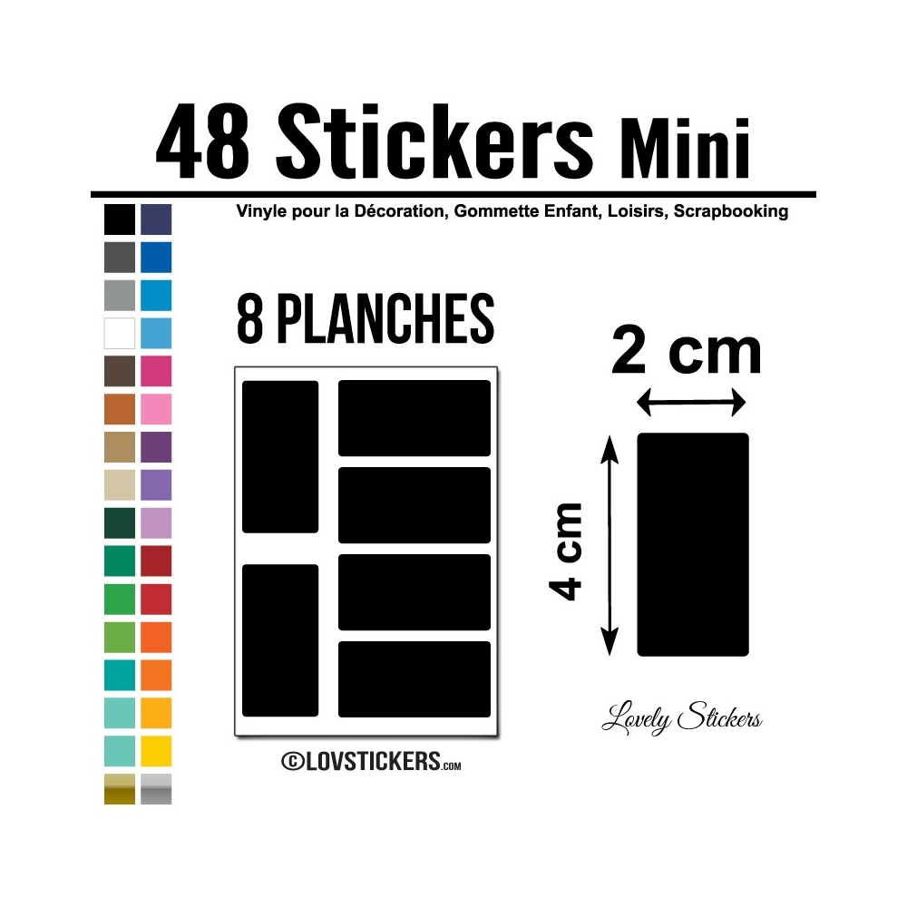 48 Stickers Rectangle 2 cm - Décoration Gommette Loisirs - Vinyle Repositionnable